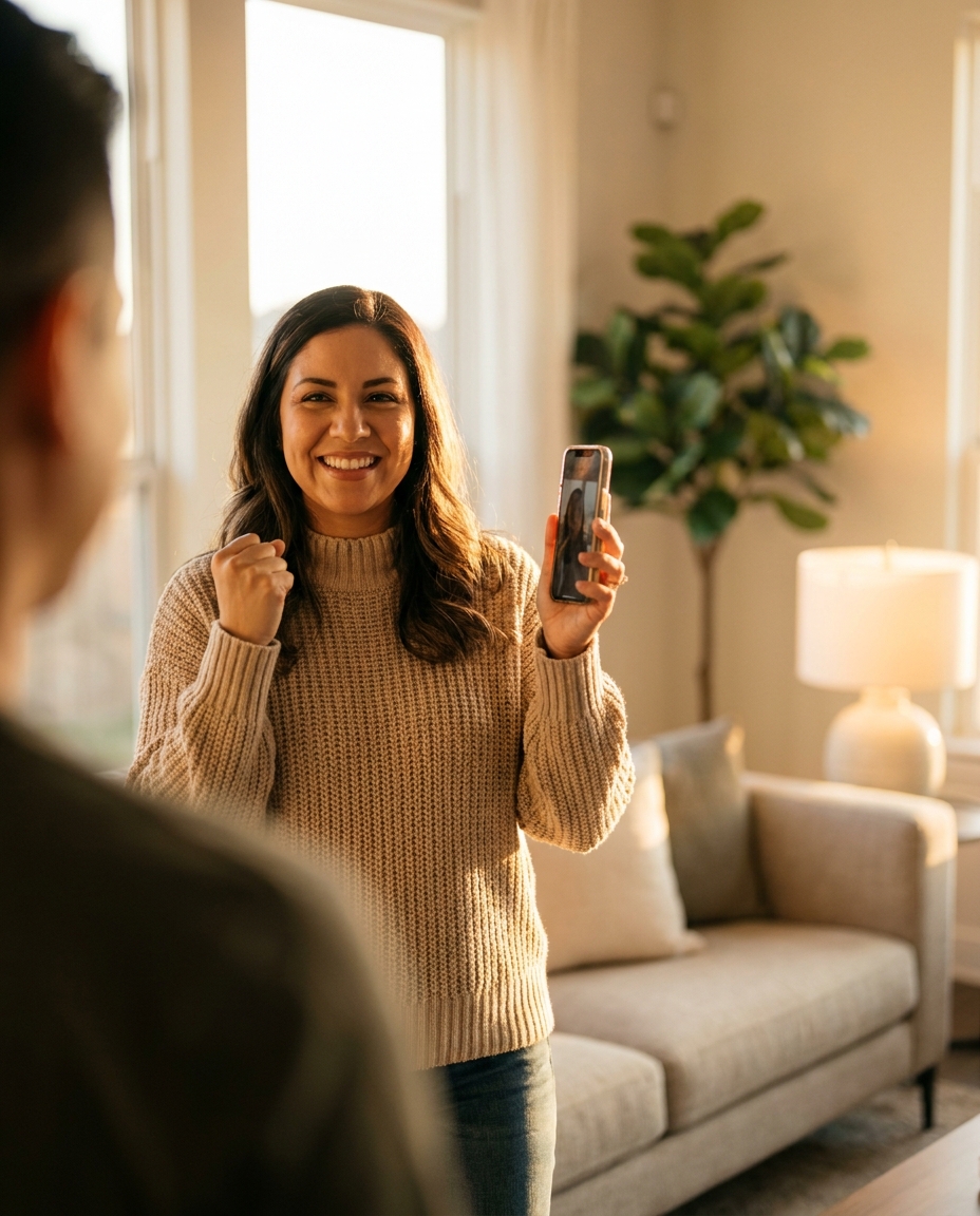 Woman celebrating a successful referral with Velcor Energy